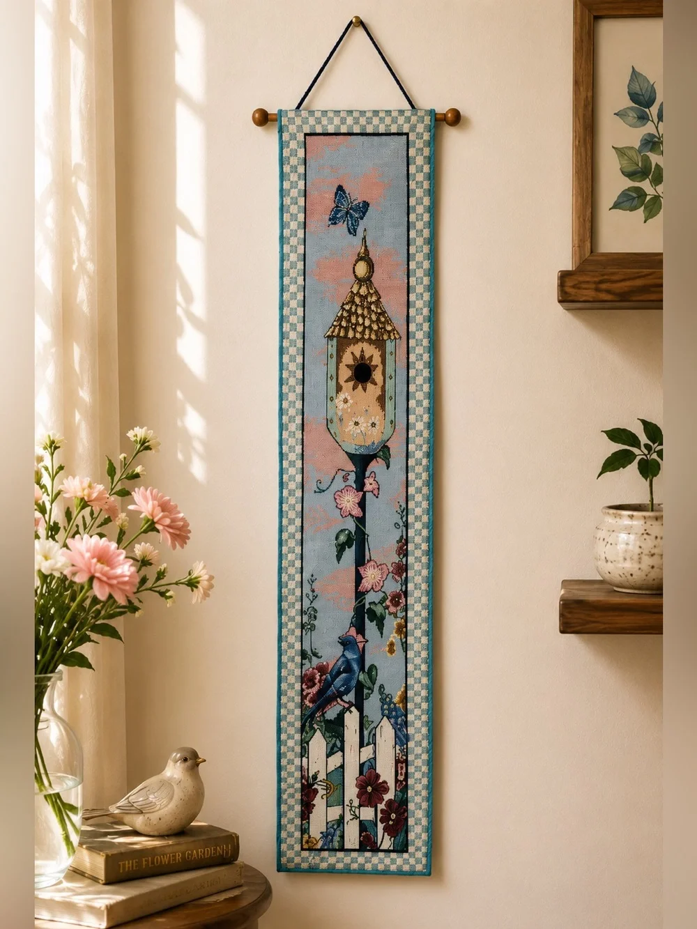Home Tweet Home Woven Bell Pull Tapestry Birdhouse Blue Bird Wall Hanging 41in
